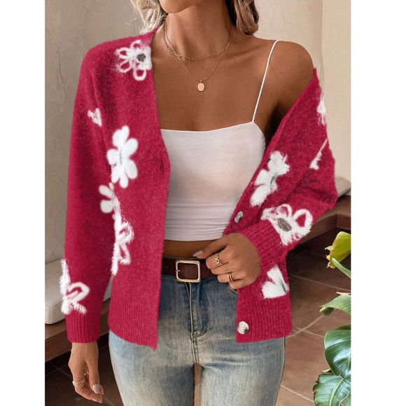 Red Cardigan Knit Flower Textured Button Front  Stretchy, Soft - Picture 2 of 9